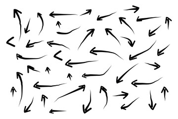 Black sketch grunge arrows collection. Grungy brushes realistic brush paint, black hand drawn arrows set icon. Vector hand drawn arrows isolated on white background. 