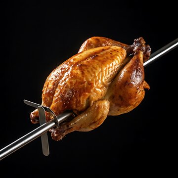 a single roasted chicken, positioned horizontally on a large metal skewer, tightly secured and perfectly browned, reflecting the shine of the golden isolated on a black background