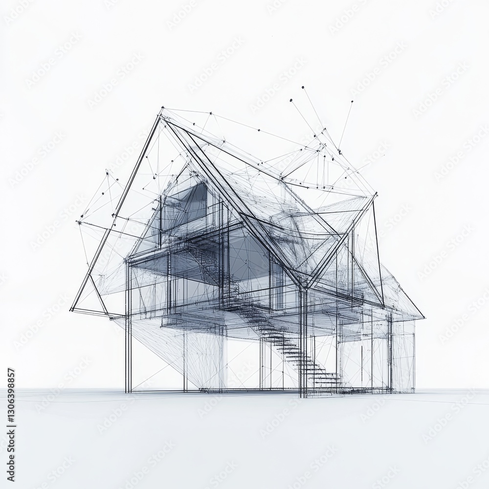 Poster conceptual architectural rendering: two-story house wireframe design on a clean, white background