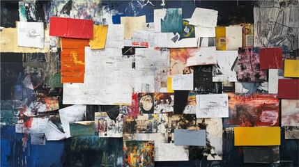 Fototapeta premium Vector illustration abstract collage with paint splatters and torn paper sheets. Wallpaper texture