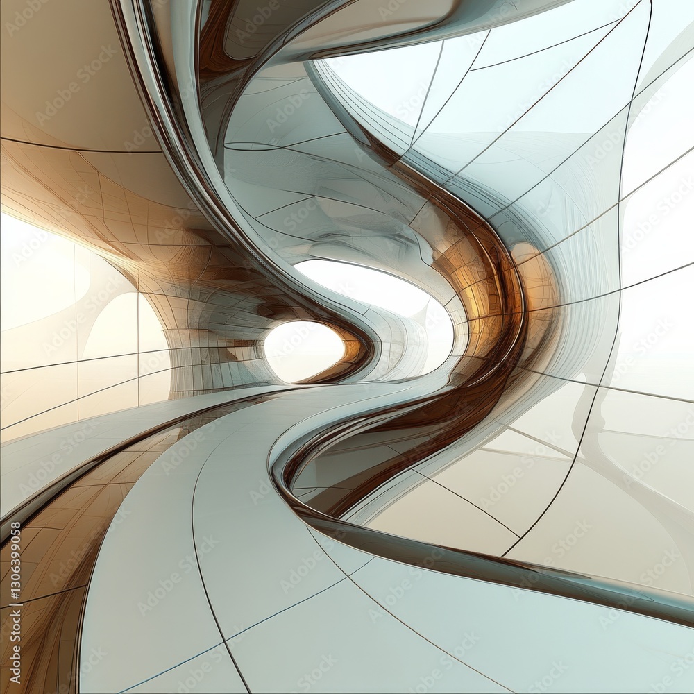 Poster curvature and light: an abstract view of modern architecture in metallic tones and white highlights