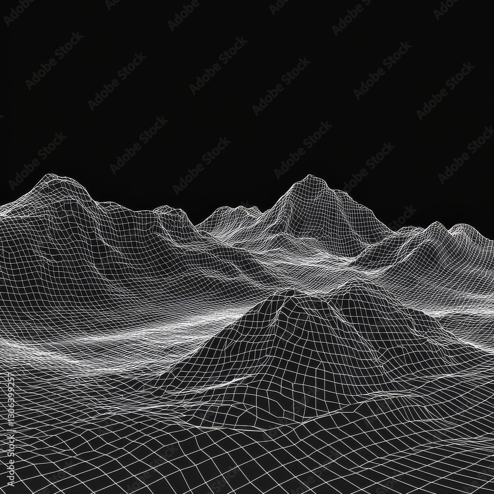 Poster Digital Topography: A 3D Mesh Landscape Rendering in White Against Black, Featuring Geometric Mountain Ridges