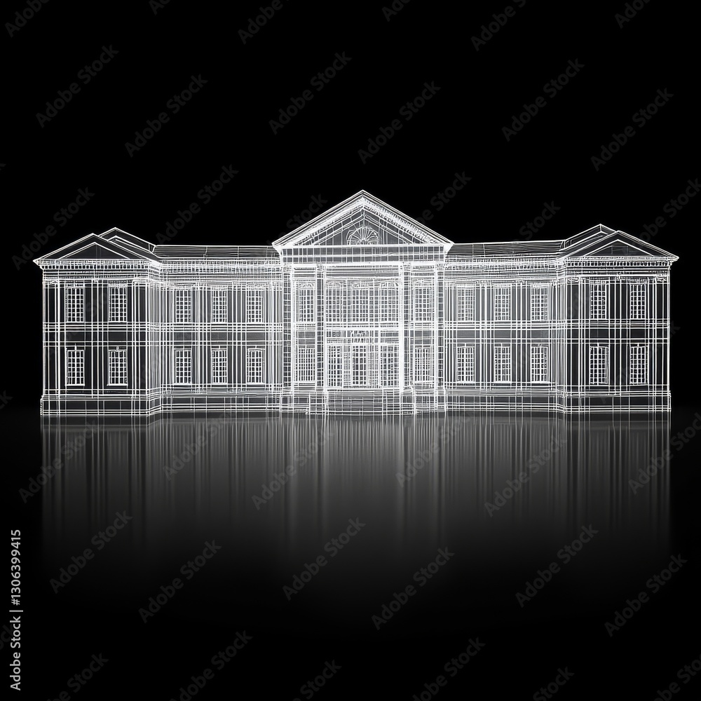 Poster elegant building blueprint: architectural wireframe design with striking reflections on a black back