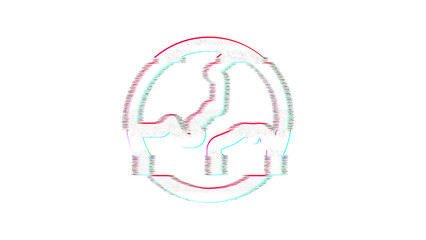 Icon globe asia is distorted. Glitch. Noise, chromatic aberration, geometric distortion