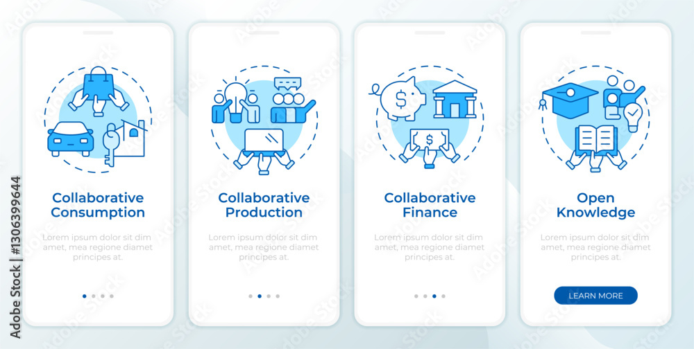 Poster types of collaborative economy blue onboarding mobile app screen. walkthrough 4 steps editable graph