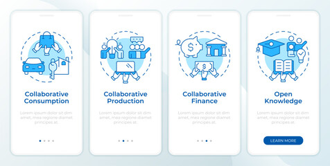 Types of collaborative economy blue onboarding mobile app screen. Walkthrough 4 steps editable graphic instructions with linear concepts. UI, UX, GUI template. Montserrat SemiBold, Regular fonts used