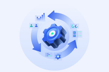 Business Process Automation, Management technology-driven strategy illustration with Gears and Technology Elements illustration
