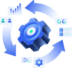Business Process Automation, Management technology-driven strategy illustration with Gears and Technology Elements clipart illustration