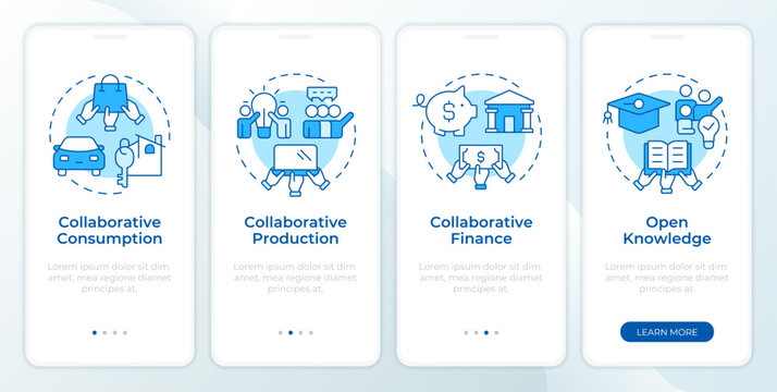Types of collaborative economy blue onboarding mobile app screen. Walkthrough 4 steps editable graphic instructions with linear concepts. UI, UX, GUI template. Montserrat SemiBold, Regular fonts used