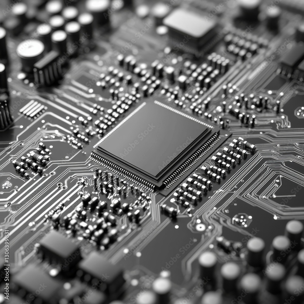 Aufkleber high-resolution monochrome close-up of a complex motherboard with integrated circuitry and component
