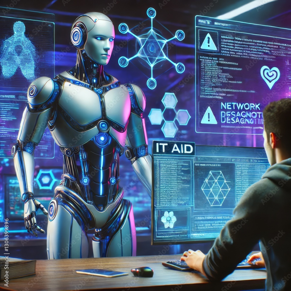 Poster human collaborating with ai robot on cybersecurity network diagnosis and it assistance