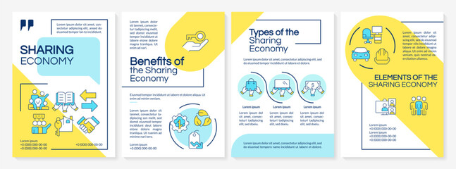 Sharing economy blue and yellow brochure template. Production and consumption goods. Collaboration. Leaflet design with linear icons. Editable 4 vector layouts. Questrial, Lato -Regular fonts used © bsd studio