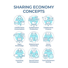 Sharing economy soft blue concept icons. System of goods and services exchange. Resources management. Icon pack. Vector images. Round shape illustrations for presentation. Abstract idea