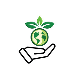 sustainable icon. earth and plant vector in hand. reuse, recycle, net zero, green energy, eco-friendly concept. Mixed design style