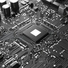 Monochromatic Motherboard: A Gleaming Close-Up of Central Processor Unit Interconnectivity with Dazzling Light Trails