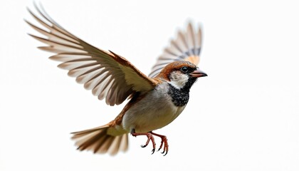 Closeup portrait of house sparrow bird mid-air. Flying bird with brown plumage, white background, transparent png, wings spread, feathers detailed. Wild avian beauty concept. Freedom of wildlife,