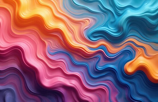 Vibrant abstract background with flowing liquid paint in blue, orange, pink, purple colors. Wavy texture with swirls creates dynamic movement. Artistic design suits modern, creative projects, digital