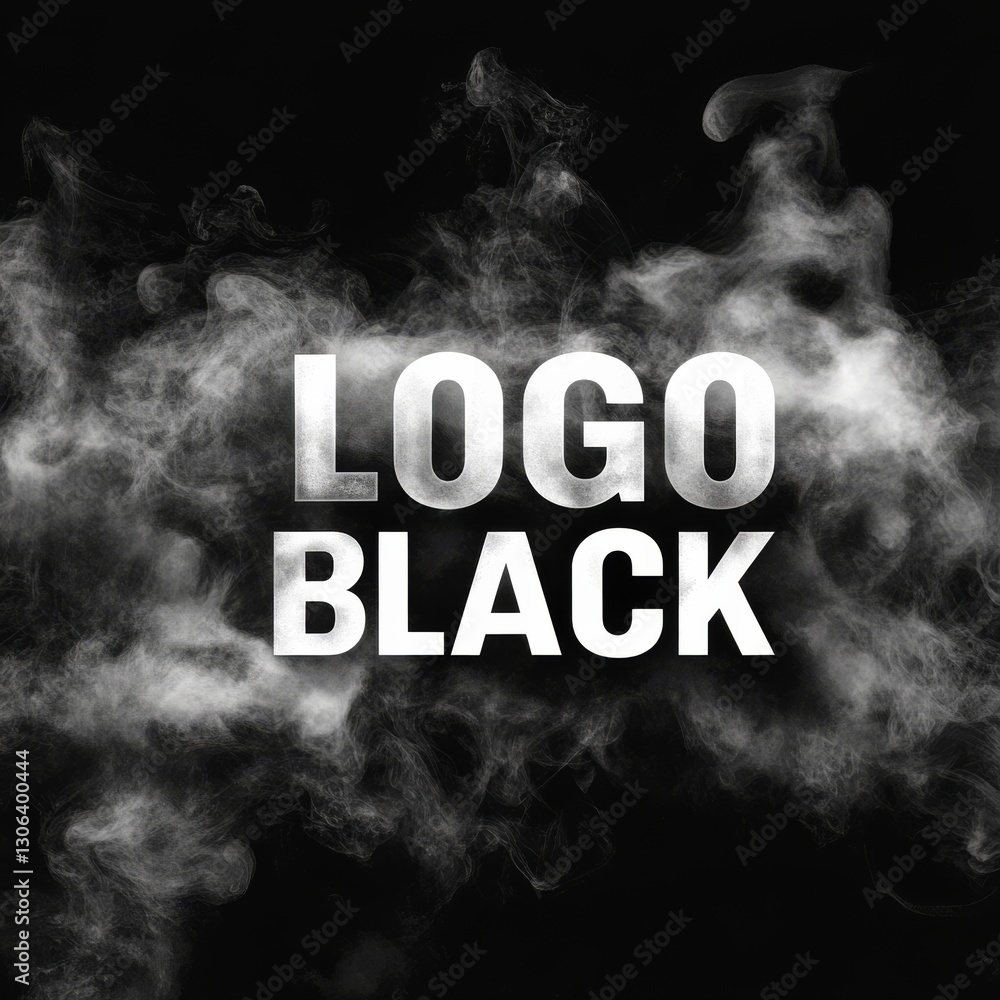 Poster mysterious logo black: white text wrapped in ethereal smoke on a dark background, creating an atmosp