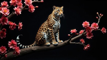 A majestic leopard elegantly perched on a blossoming branch, a captivating study in contrast and natural beauty.