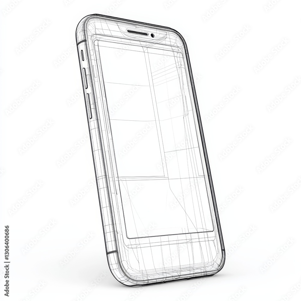 Aufkleber smartphone blueprint: wireframe design of a modern mobile device on a clean white background.