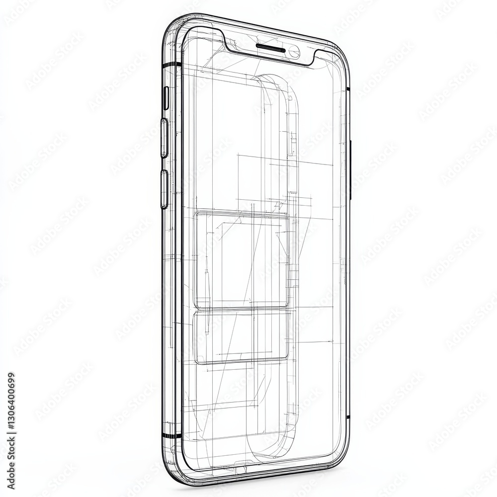 Aufkleber smartphone technical drawing: wireframe blueprint for mobile device design and innovation.