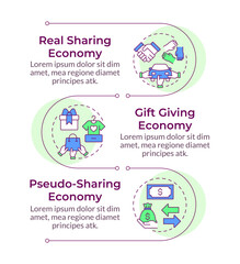 Types of sharing economy infographic vertical sequence. System of market relationship definition. Visualization infochart with 3 steps. Circles workflow. Montserrat SemiBold, Lato Regular fonts used