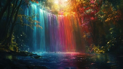 Fototapeta premium Enchanting rainbow waterfall in lush forest with vibrant colors and pristine beauty