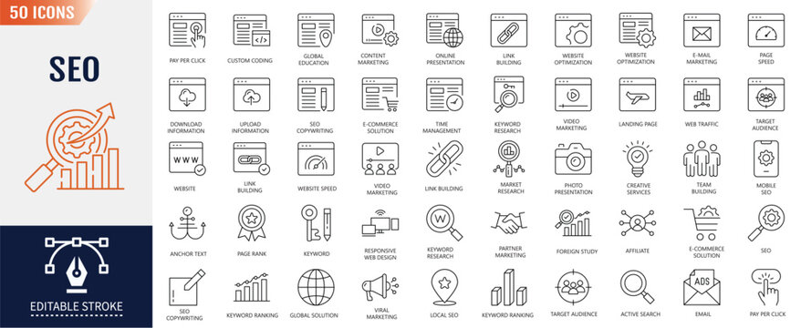 SEO (Search Engine Optimization) line icon set. Editable stroke. Containing as business and marketing, traffic, ranking, optimization, link, development, keyword, and more. Vector illustration