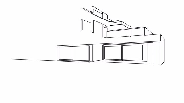 Self drawing animation of modern building architecture drawn by continuous one line. Single line flat roof house with swimming pool. 4K animated video, Alpha channel.