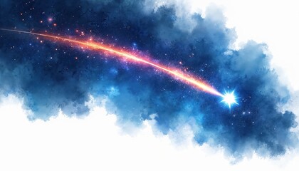 Shooting star over blue nebula clouds in night sky. Cosmos background with stars galaxy universe supernova fractal liquid heaven. Space illustration with mystical light effect, sci-fi alien fantasy.