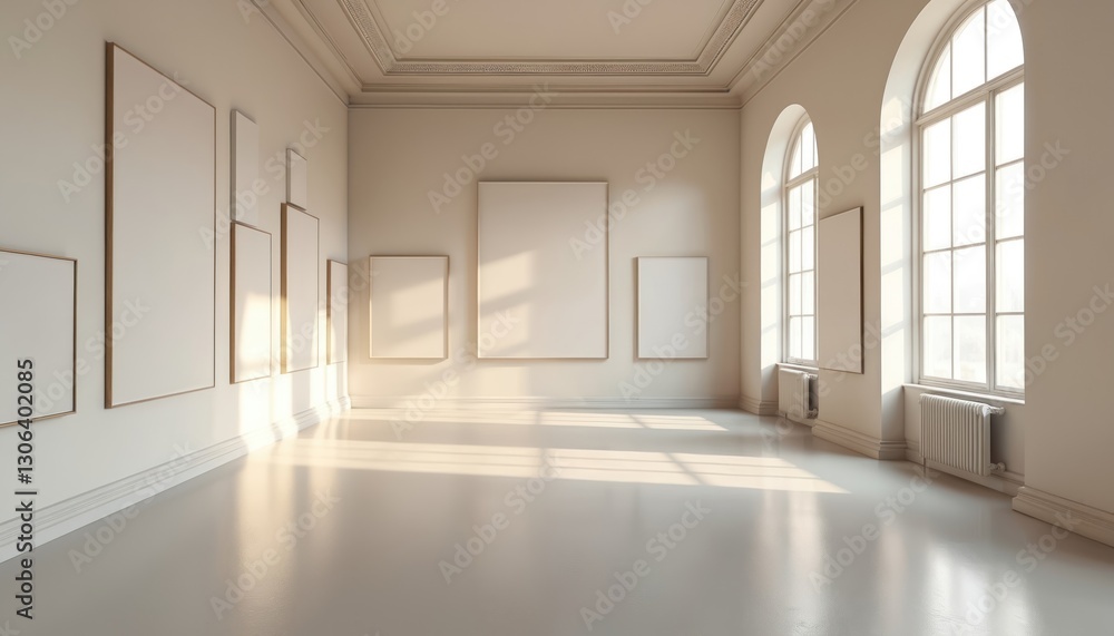 Poster 360 degree panorama view of empty art gallery. white walls display many blank picture frames in spac