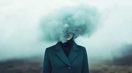 Woman in a dark green coat with her head obscured by a cloud of smoke. Conceptual surreal portrait in moody atmospheric setting. Abstract dreamlike fantasy art