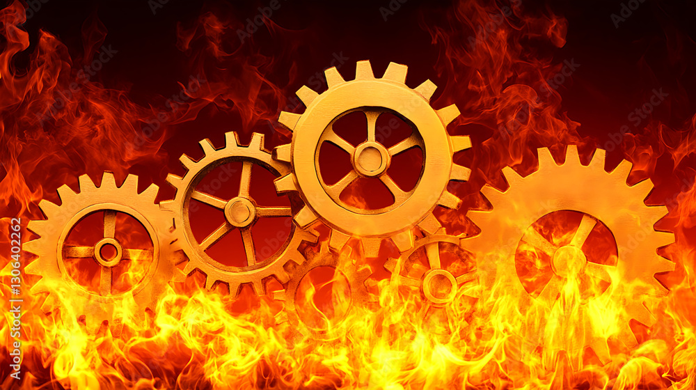 Poster industrial gears in flames factory setting graphic design fiery environment close-up perspective dyn