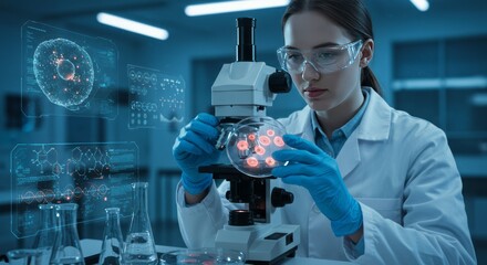 A female scientist conducting cellular research, analyzing laboratory samples using a microscope in a scientific environment. Advanced equipment and molecular structures illustrate biotechnology 