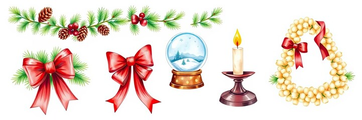 Festive Christmas Decorations Bows Wreath Snow Globe Candle