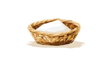 Woven basket filled with white powder, offering simplicity, on clean background