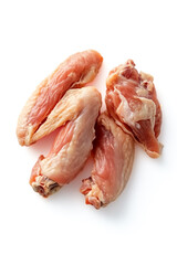 Four raw chicken wings are artfully arranged against a pristine white backdrop, showcasing their fresh texture and natural color, perfect for cooking enthusiasts and chefs alike