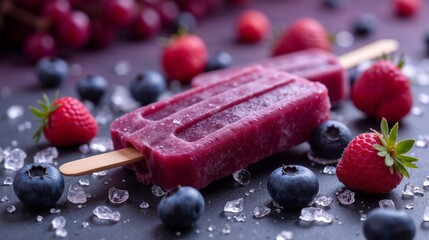 Refreshing berry popsicles topped with fresh fruit on a dark surface