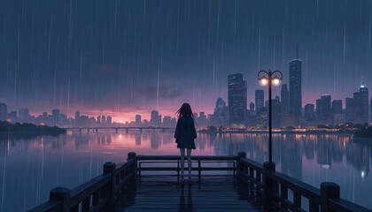 Girl stands alone on pier in rain with cityscape background. Solitude with melancholic vibes. Emotional illustration, digital artwork. Gloomy, surreal aesthetic in blue tones. Night city lights