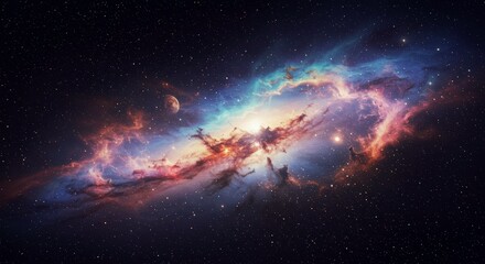 Fototapeta premium Nebula's Cosmic Dance: A breathtaking depiction of a vibrant nebula, swirling with colors and mystery, invites viewers to contemplate the vastness of the universe.