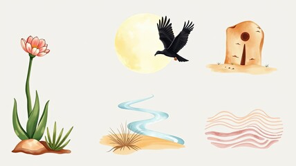 Desert Oasis Bird Flower Moon Sand Dunes Stream Illustration