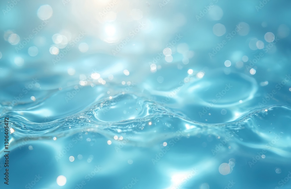 Poster defocused blue liquid colored clear water surface texture with splashes and bubbles. water waves wit