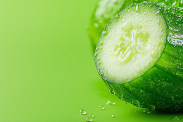 A striking cucumber, covered in glistening water droplets, rests on a light green surface. The macro focus highlights its fresh texture and vivid color, invoking a sense of vitality