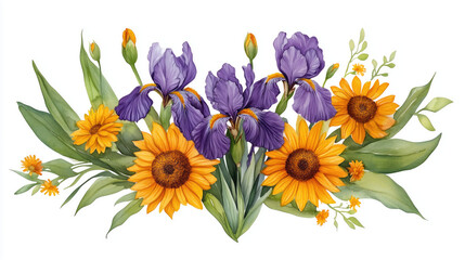 A watercolor floral composition with purple irises, sunflowers, and soft green leaves for a lively and colorful design