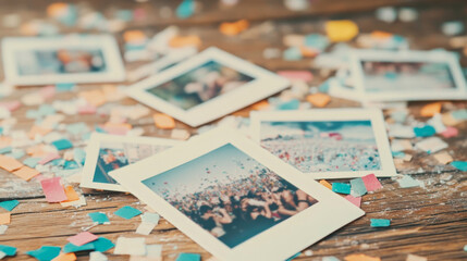 Scattered Polaroids reveal joyful moments from the party, surrounded by confetti and remnants of celebration