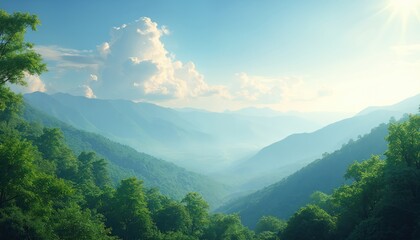 Naklejka premium Rich green forests cover mountain slopes under clear blue sky with cloudscape. Mountain chain stretches into distance, morning mist hangs over valley. Serene nature background with bright sunny light.