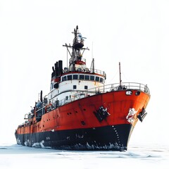 Fototapeta premium A weathered red tugboat rests on a frozen expanse of water, a scene of stark beauty and quiet strength. 3d Transportation isolated in white background. Majestic Red Tugboat in Frozen Waters