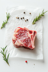 A beautifully presented raw lamb chop rests on parchment, surrounded by coarse sea salt and fresh rosemary, inviting culinary creativity. This composition captures the essence of gourmet preparation