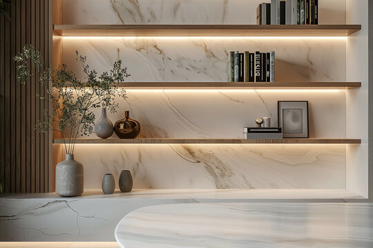 Modern home office with a clean, minimalist design featuring a marble desk, stylish decor, and an elegant backdrop perfect for virtual meetings