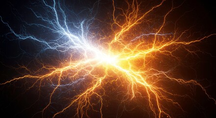 Clash of Elements: A dramatic and mesmerizing clash of blue and orange lightning bolts in a dark, abstract background.